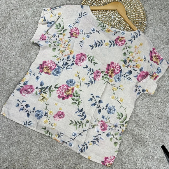 Bella Umbra 100% Linen Blouse Light Tan Floral Shortsleeve Made in Italy Size M - Picture 5 of 13